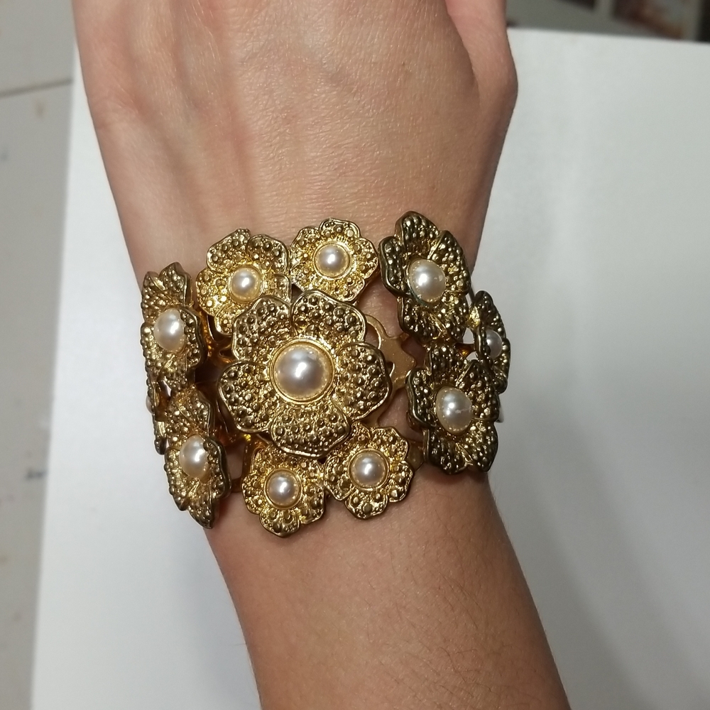 Aldo Gold Colored Textured Floral with Faux Pearl Cuff Bracelet